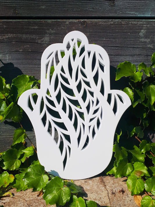 Hamsa Handmade – White Metal Wall Art with Leaves Design | NANYEstudio