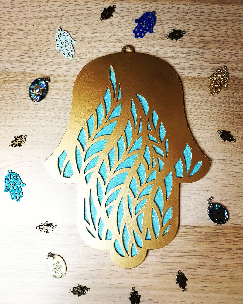Gold and turquoise handmade Hamsa wall art – modern Jewish home decor from Israel