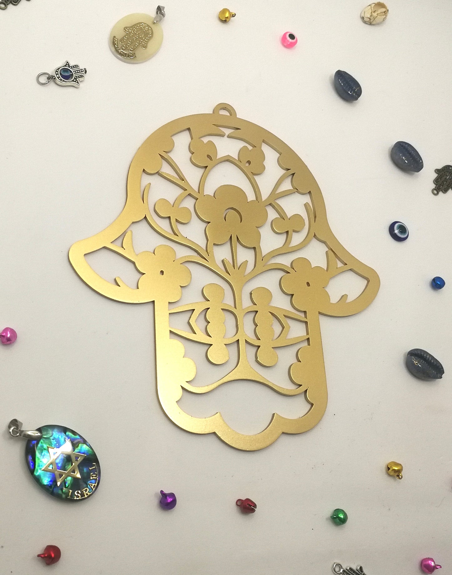 Hamsa Handmade – Flowers Gold | Elegant Metal Wall Art from Israel