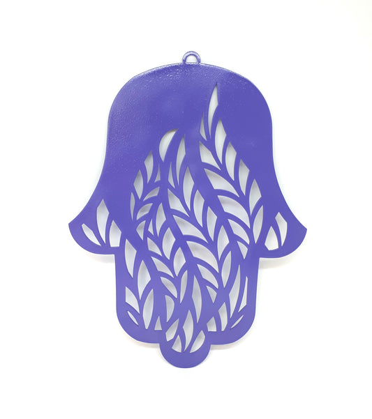 Handmade Metal Hamsa Wall Art – Purple Leaves Design | Spiritual Jewish Home Décor from Israel