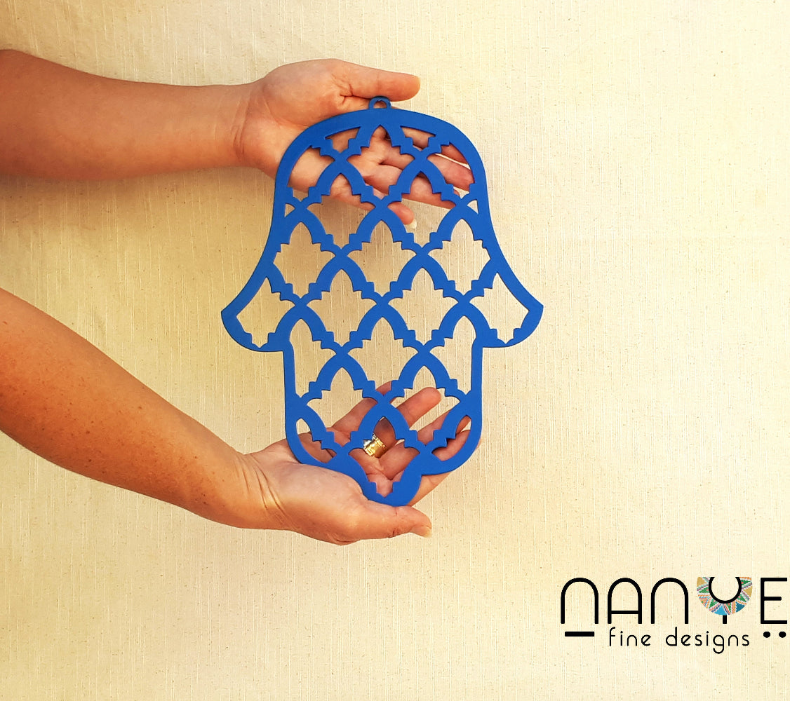 Handmade Blue Hamsa wall Hanging from Israel, spiritual metal Home decor for protection & good luck.
