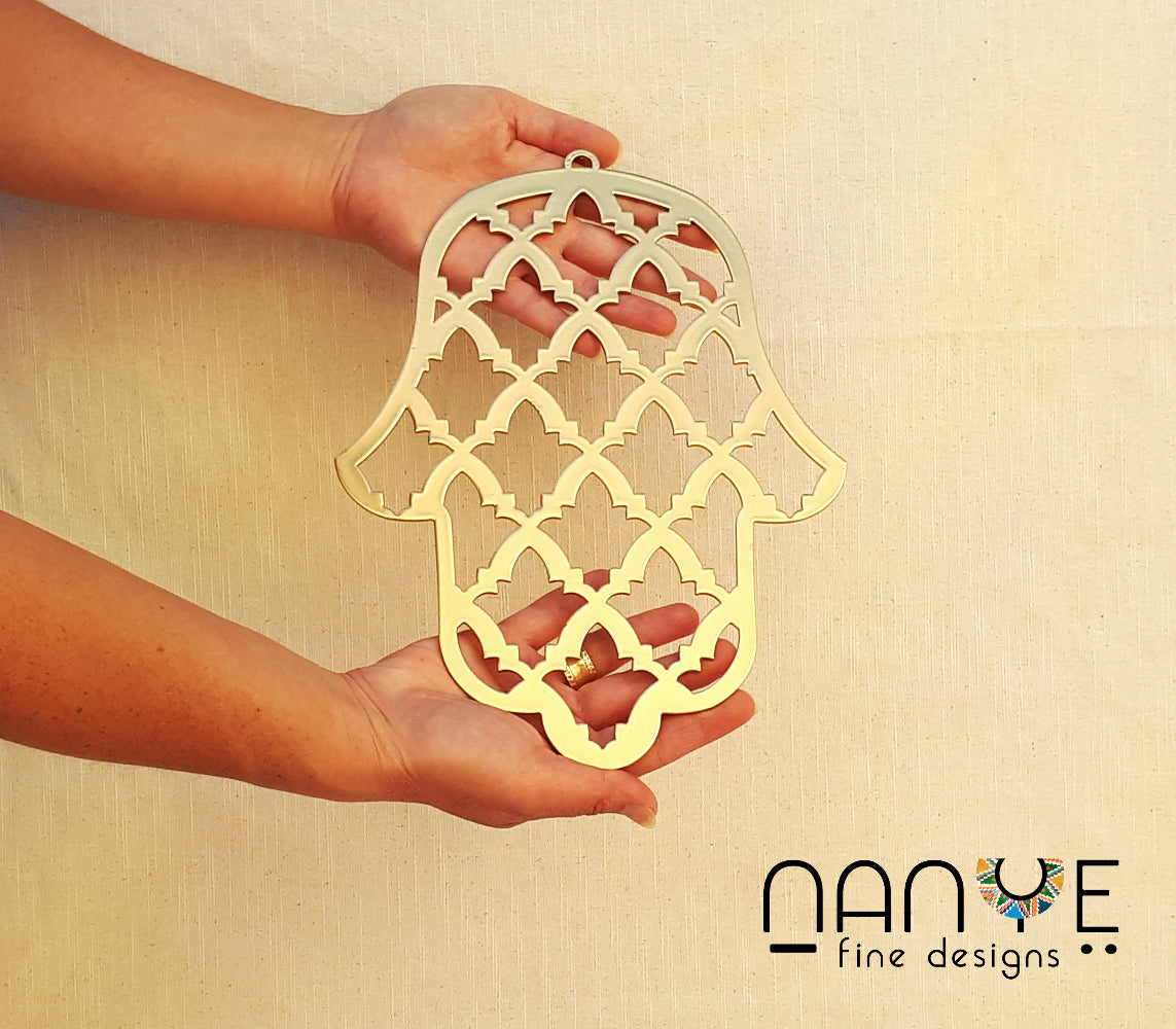 Handmade Gold Hamsa wall hanging from Israel, spiritual metal home decor for protection and good luck