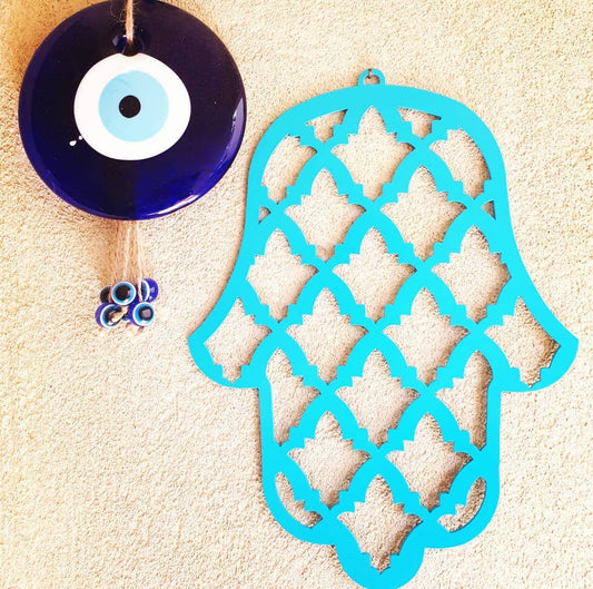 Handmade Turquoise Evil Eye Hamsa wall Hanging from israel, spiritual metal Home decor for protection & good luck.
