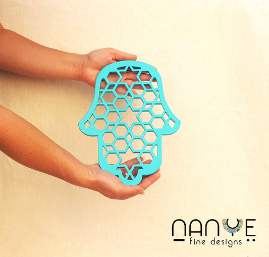 Handmade Turquoise Hamsa wall hanging from Israel, spiritual metal Home decor for protection and good luck