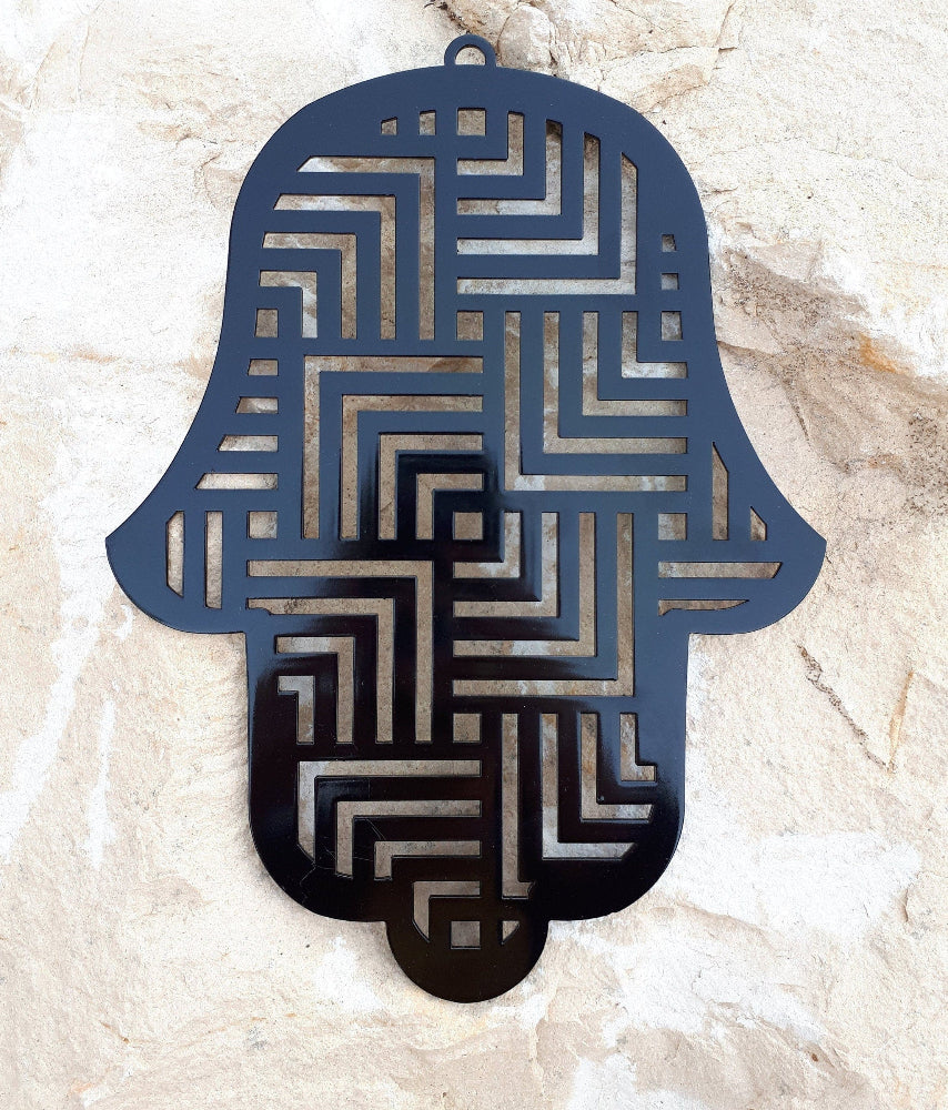 Black Hamsa wall art handmade in Israel, modern Jewish home decor, protection symbol