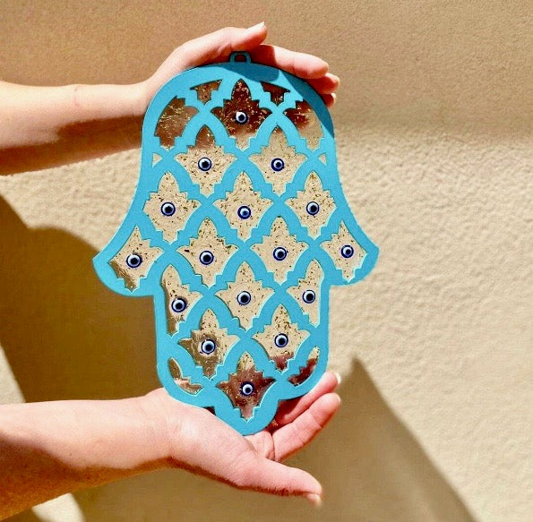 Handmade turquiose Hamsa wall hanging from Israel, spiritual metal home decor for protection and good luck