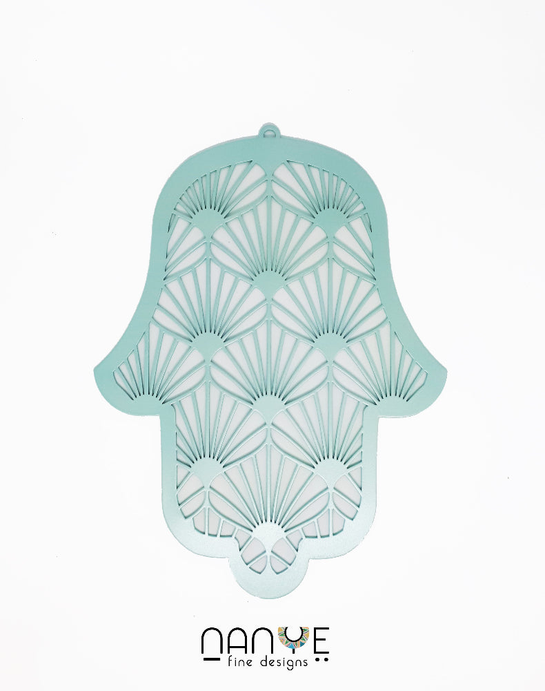 Turquoise Hamsa wall art handmade in Israel, modern Jewish home decor, protection symbol
